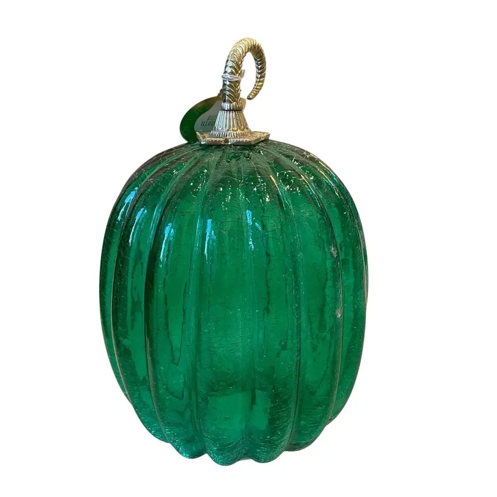 Illuminated LED Green Glass Pumpkin Gold Metal Stem 12.5